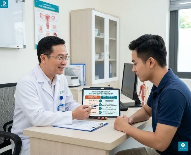 Bác sĩ đang tư vấn phương pháp cắt cho khách hàng