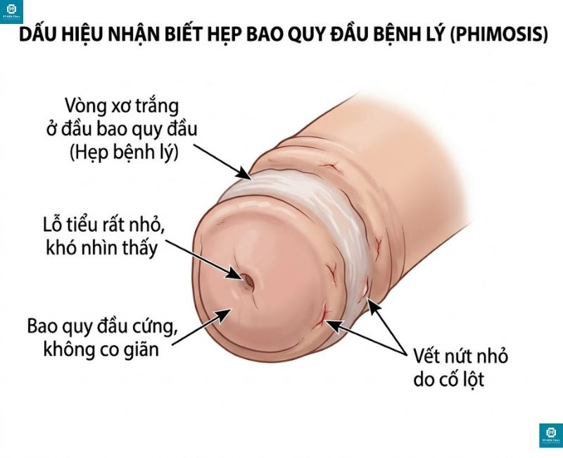 Hình ảnh hẹp bao quy đầu bệnh lý ở bé trai trên 4 tuổi không thể tuột bao quy đầu