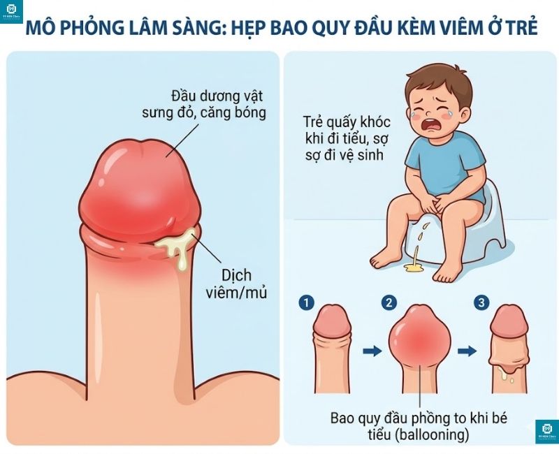 Hình ảnh hẹp bao quy đầu kèm viêm nhiễm ở trẻ em, đầu dương vật sưng đỏ