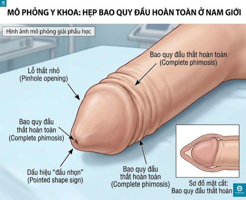 Hình ảnh hẹp bao quy đầu hoàn toàn ở nam giới, không thể tuột được quy đầu