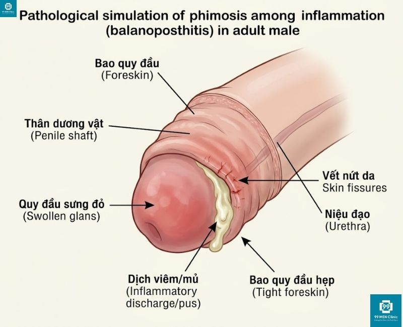 Hình ảnh hẹp bao quy đầu kèm viêm nhiễm bao quy đầu ở nam giới