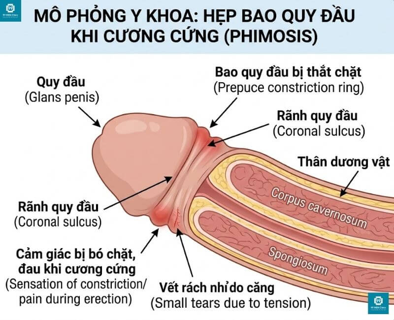 So sánh hình ảnh hẹp bao quy đầu lúc mềm và lúc cương cứng ở nam giới