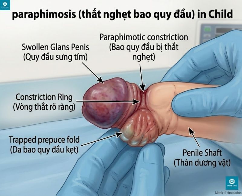 Hình ảnh thắt nghẹt bao quy đầu ở trẻ em, đầu dương vật sưng tím cần cấp cứu