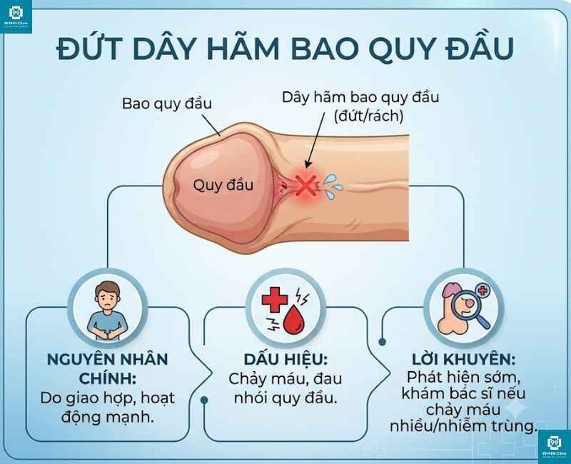 Đứt dây hãm bao quy đầu là gì